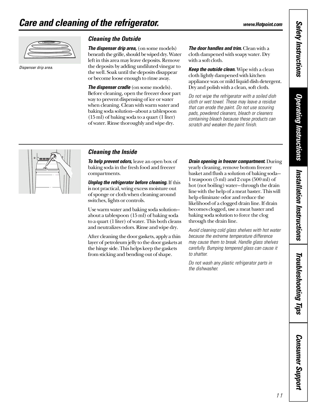 Hotpoint 162D6746P002 Care and cleaning of the refrigerator, Cleaning the Outside, Cleaning the Inside, Safety 