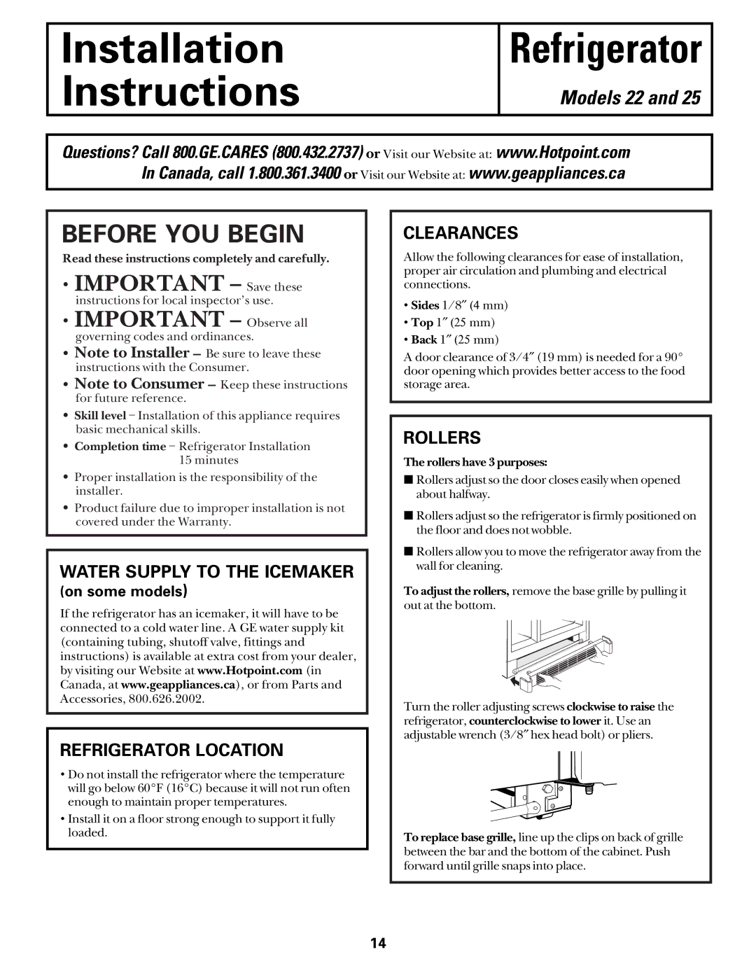 Hotpoint 162D6746P002 manuel dutilisation Refrigerator Location, Clearances, Rollers 