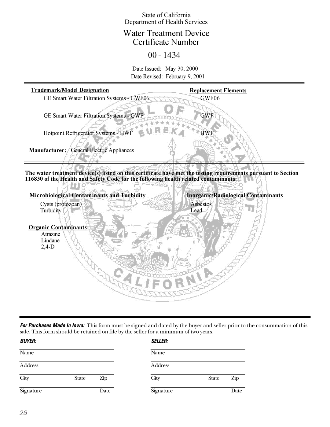 Hotpoint 162D6746P002 manuel dutilisation Water Treatment Device Certificate Number 