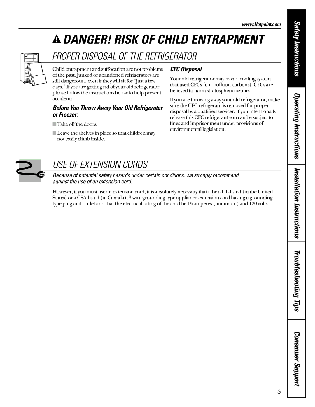 Hotpoint 162D6746P002 manuel dutilisation Proper Disposal of the Refrigerator, USE of Extension Cords, CFC Disposal 