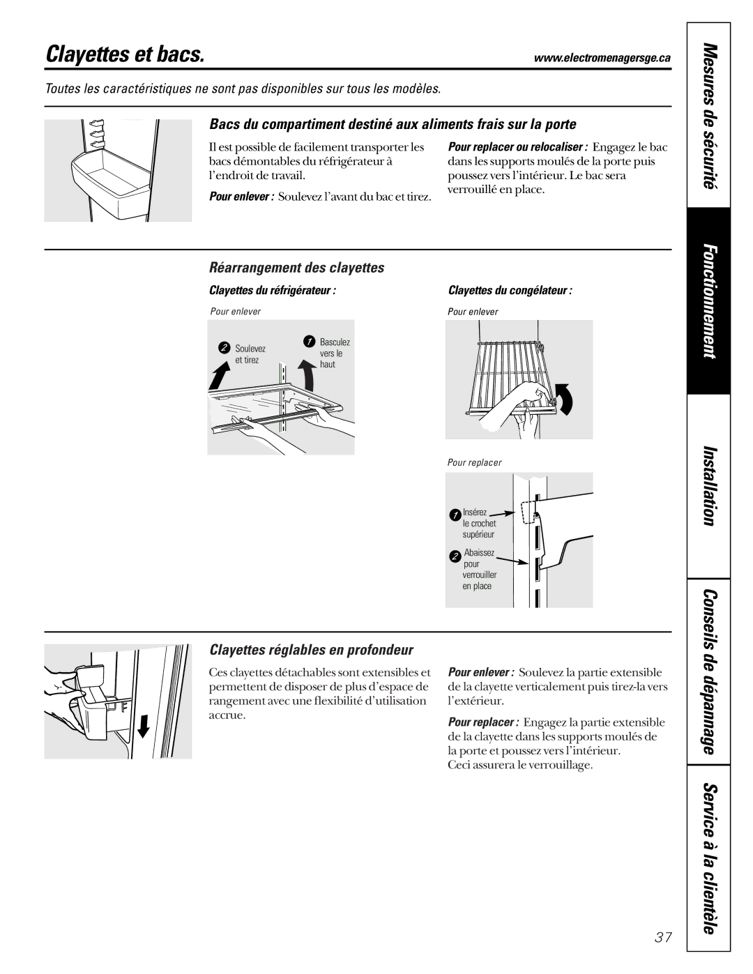 Hotpoint 162D6746P002 manuel dutilisation Clayettes et bacs, Réarrangement des clayettes, Clayettes réglables en profondeur 