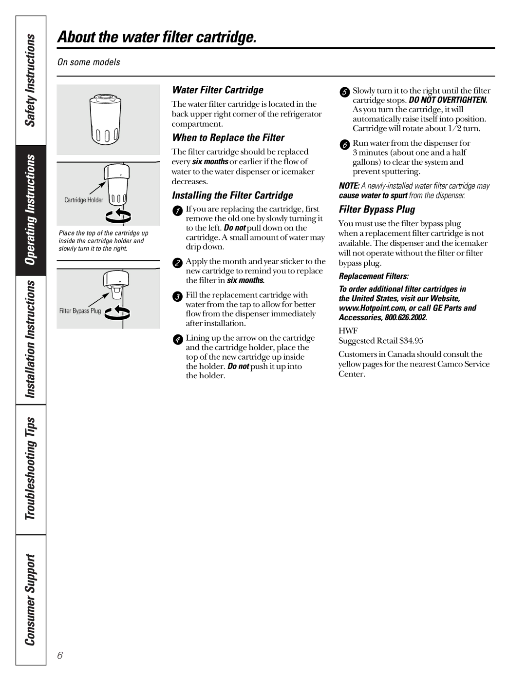 Hotpoint 162D6746P002 manuel dutilisation About the water filter cartridge, Instructions 