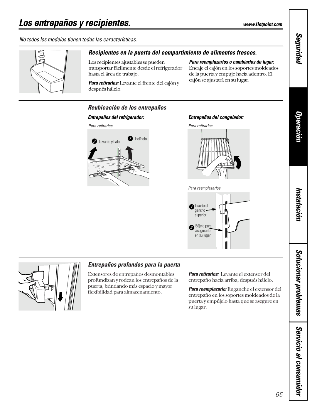 Hotpoint 162D6746P002 Reubicación de los entrepaños, Entrepaños profundos para la puerta, Entrepaños del refrigerador 