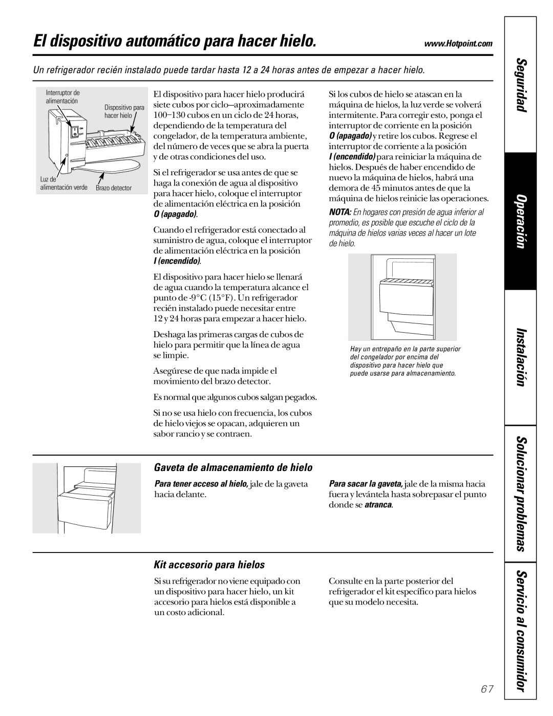 Hotpoint 162D6746P002 El dispositivo automático para hacer hielo, Gaveta de almacenamiento de hielo, Encendido 