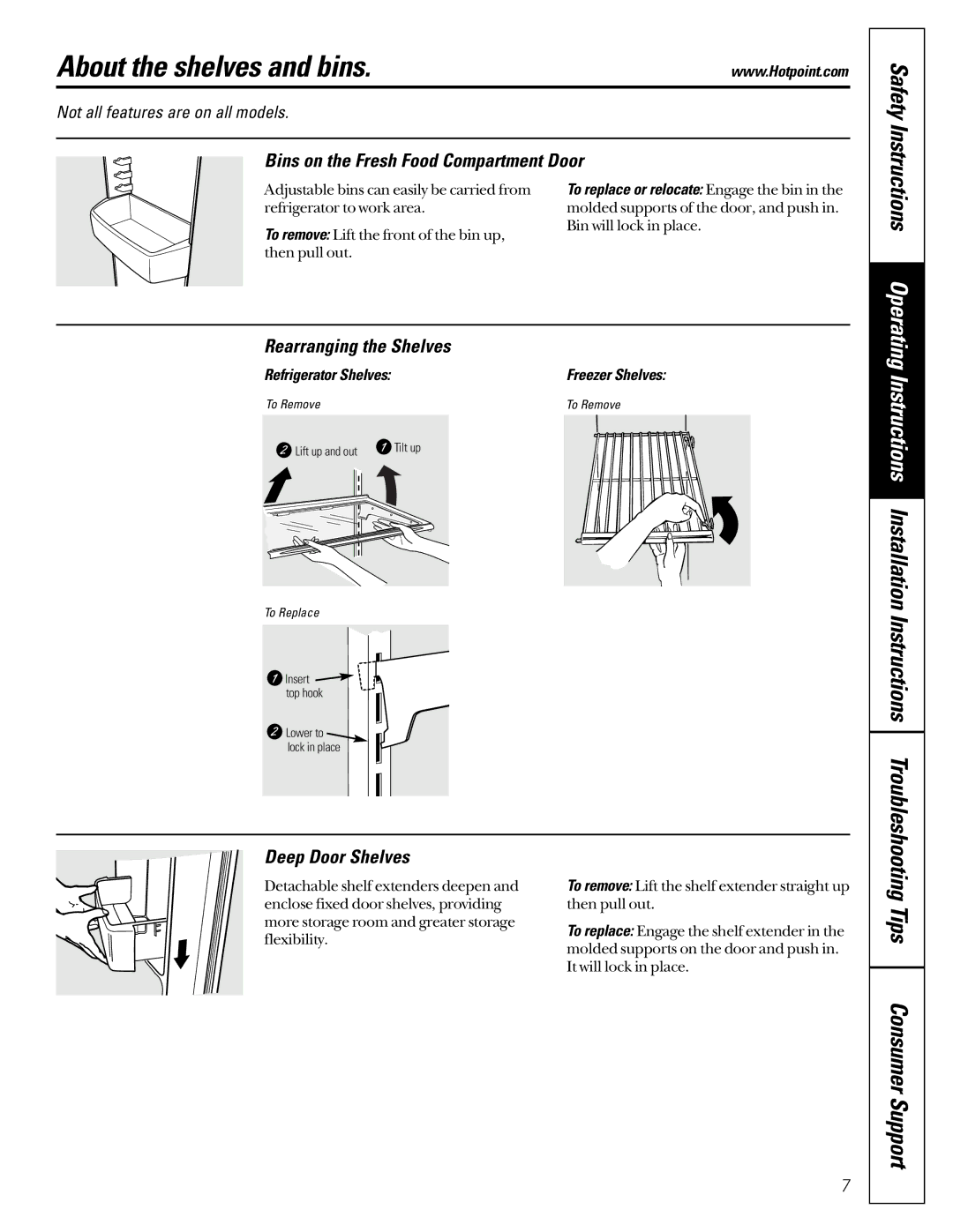 Hotpoint 162D6746P002 About the shelves and bins, Tips Consumer Support, Bins on the Fresh Food Compartment Door 