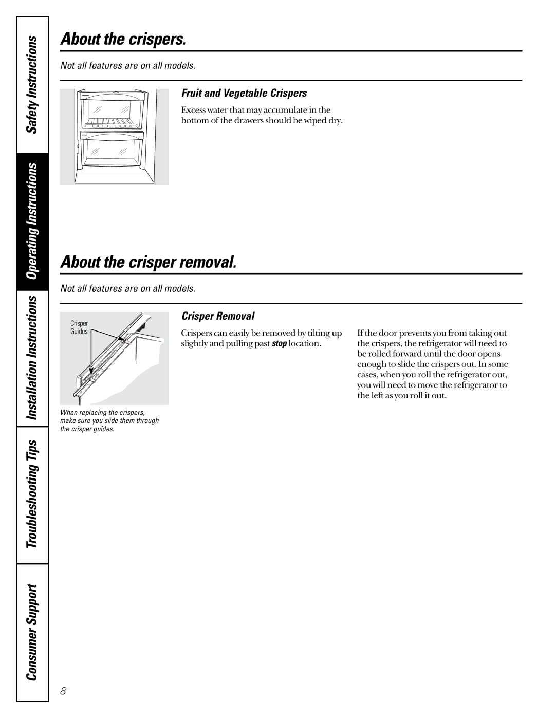 Hotpoint 162D6746P002 About the crispers, About the crisper removal, Fruit and Vegetable Crispers, Crisper Removal 