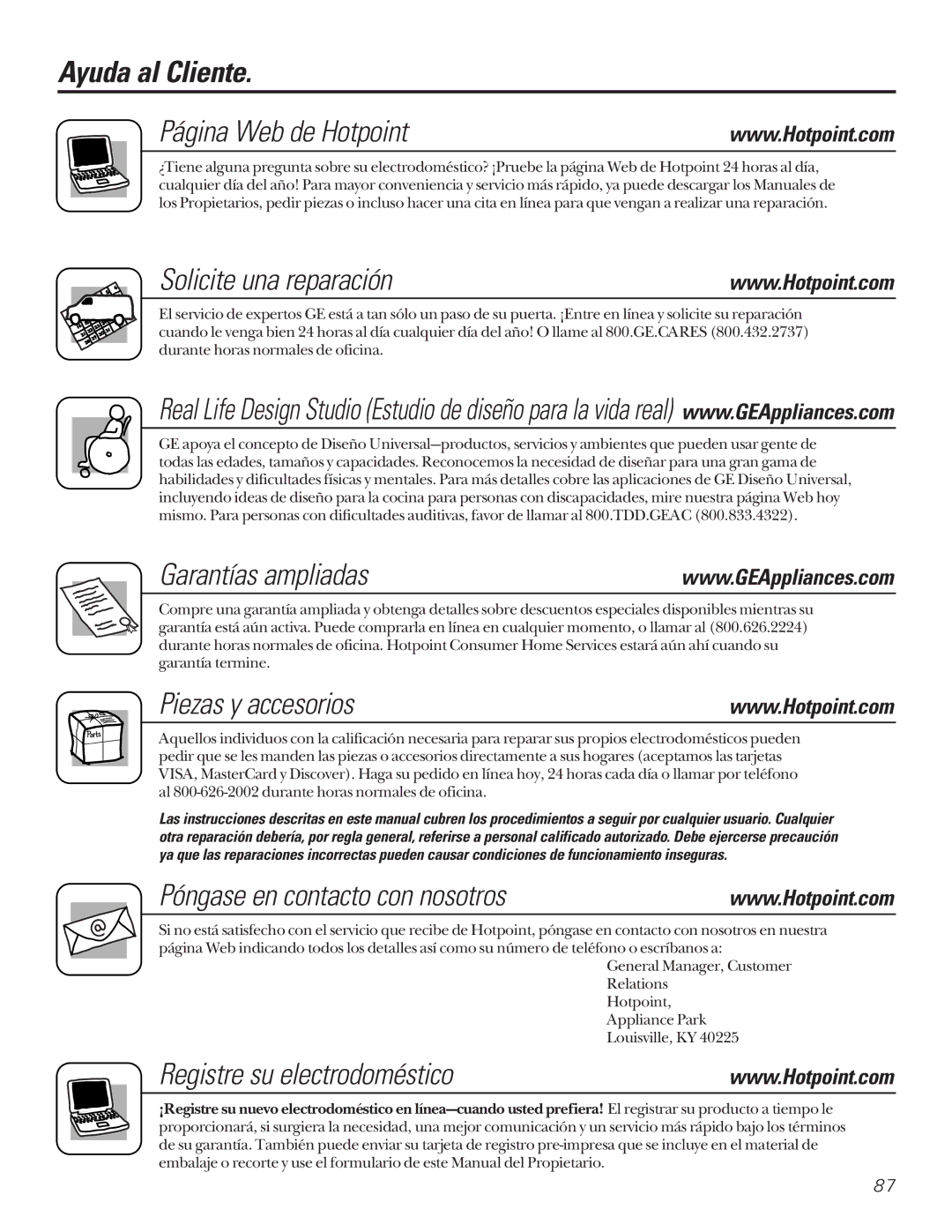 Hotpoint 162D6746P002 Ayuda al Cliente Página Web de Hotpoint, Solicite una reparación, Garantías ampliadas 