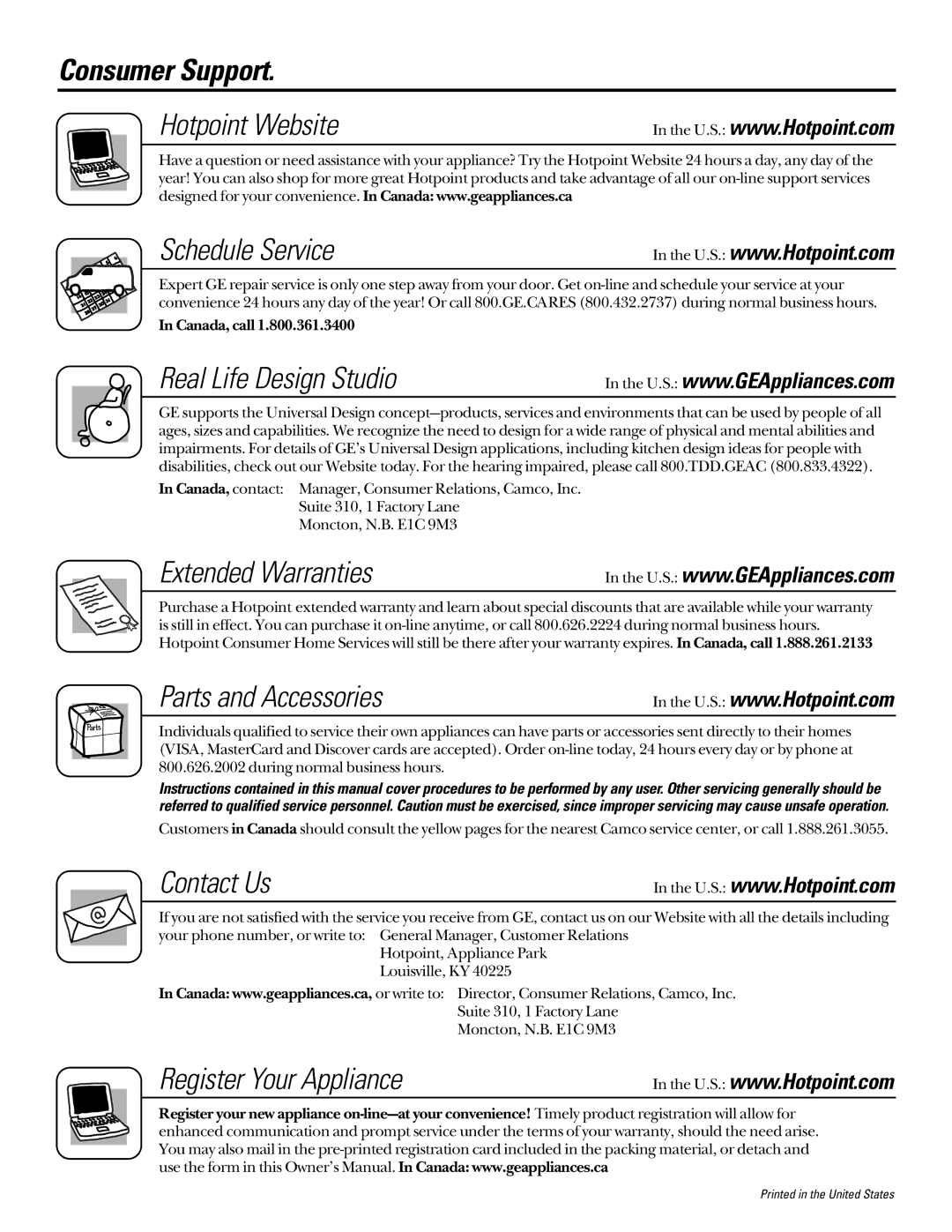 Hotpoint 162D6746P002 manuel dutilisation Consumer Support, Hotpoint Website Schedule Service 