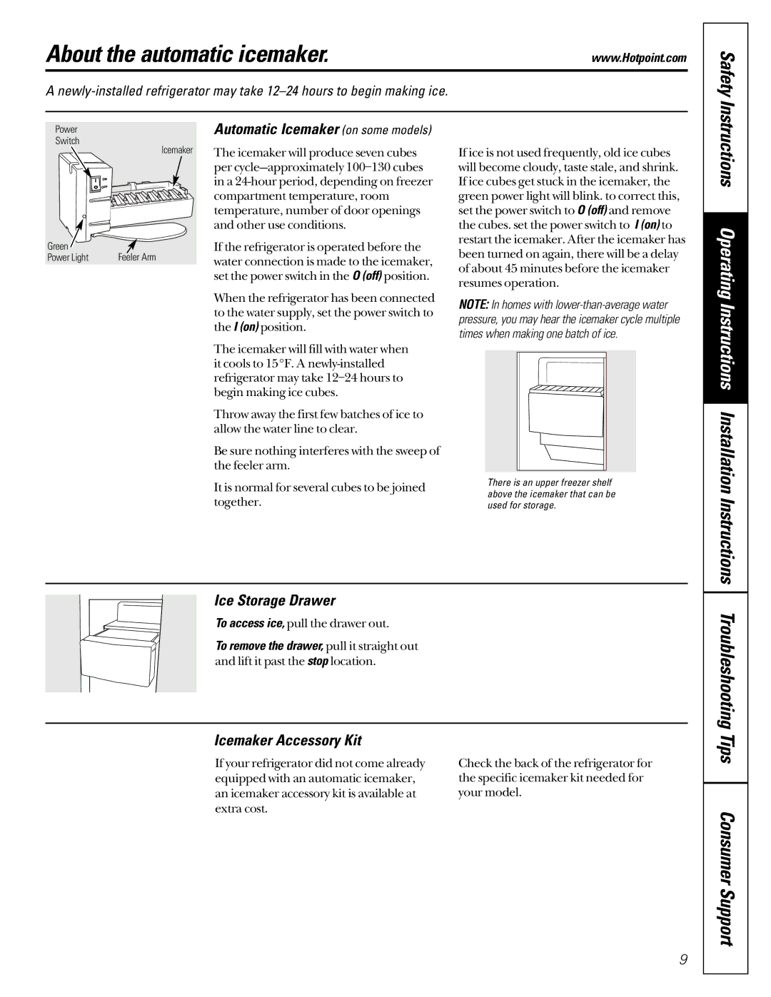 Hotpoint 162D6746P002 About the automatic icemaker, Safety, Troubleshooting Tips Consumer Support, Ice Storage Drawer 