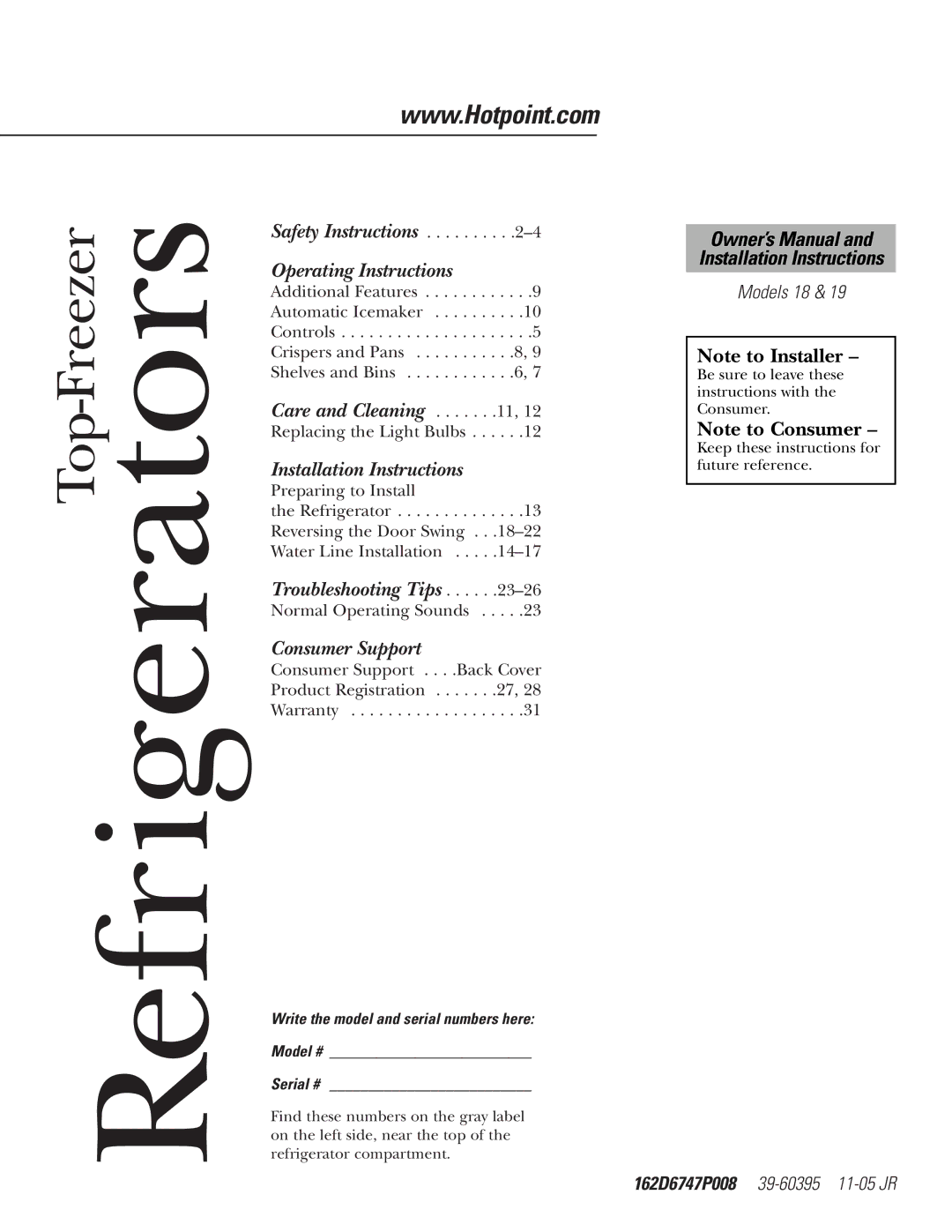 Hotpoint 19 installation instructions Refrigerators, Write the model and serial numbers here Model # Serial # 