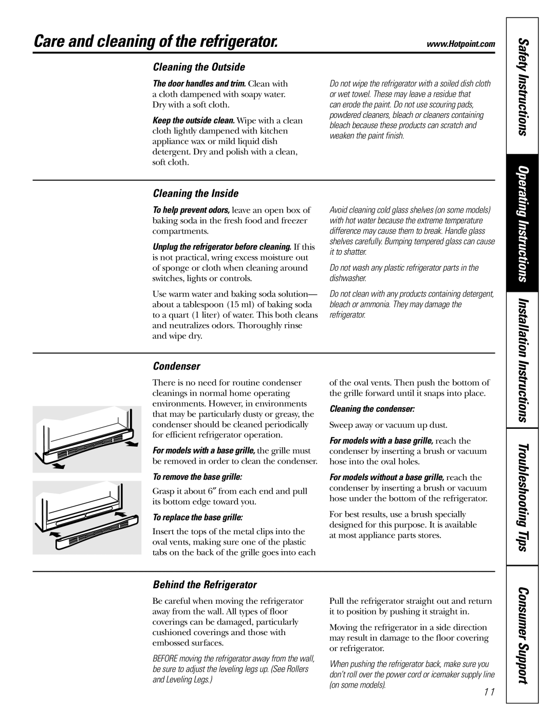 Hotpoint 19 Care and cleaning of the refrigerator, Cleaning the Outside, Cleaning the Inside, Condenser 