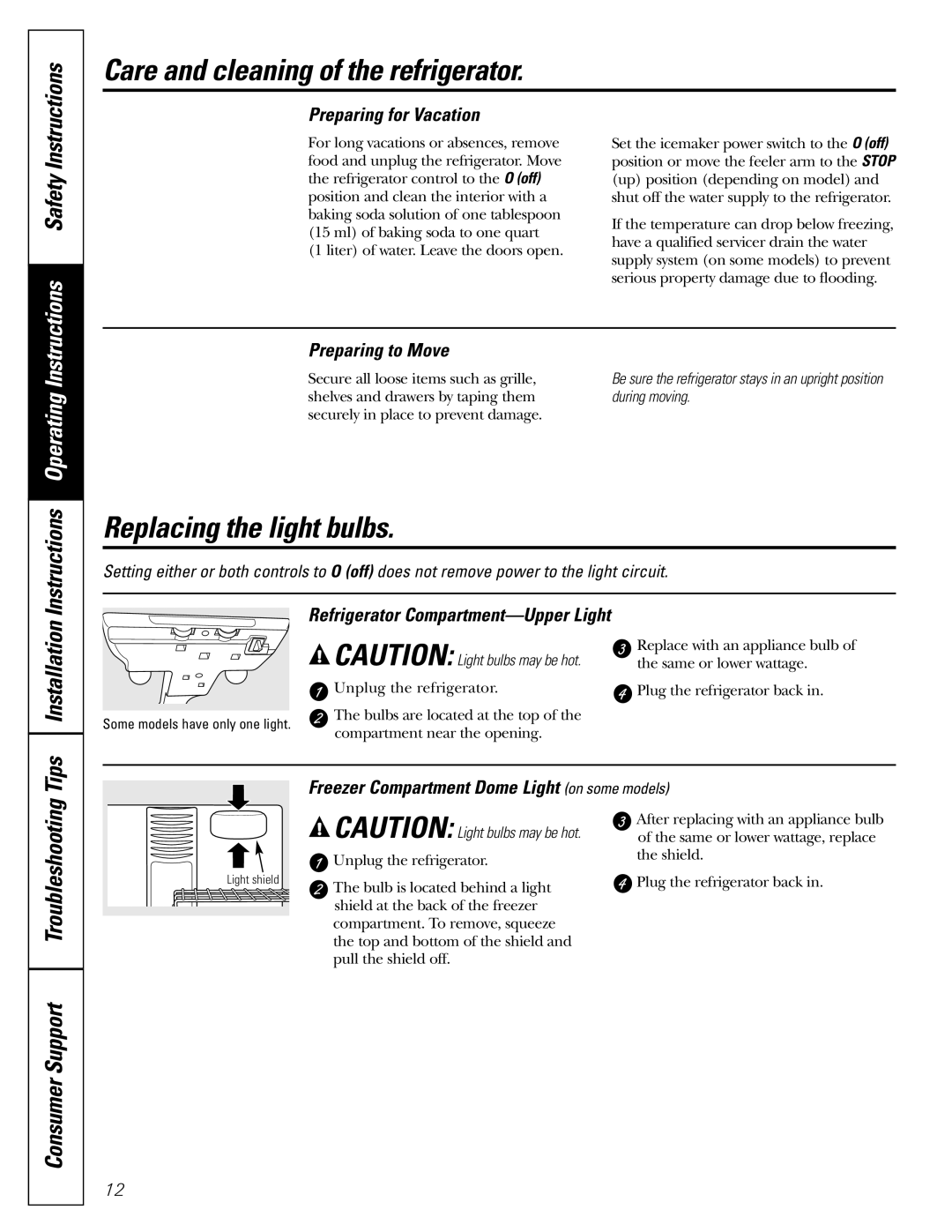 Hotpoint 19 Consumer Support Troubleshooting, Preparing for Vacation, Refrigerator Compartment-Upper Light 