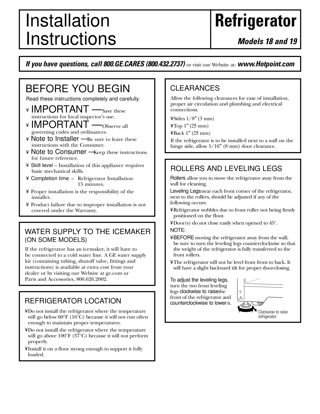Hotpoint 19 Water Supply to the Icemaker, Refrigerator Location, Clearances, Rollers and Leveling Legs 
