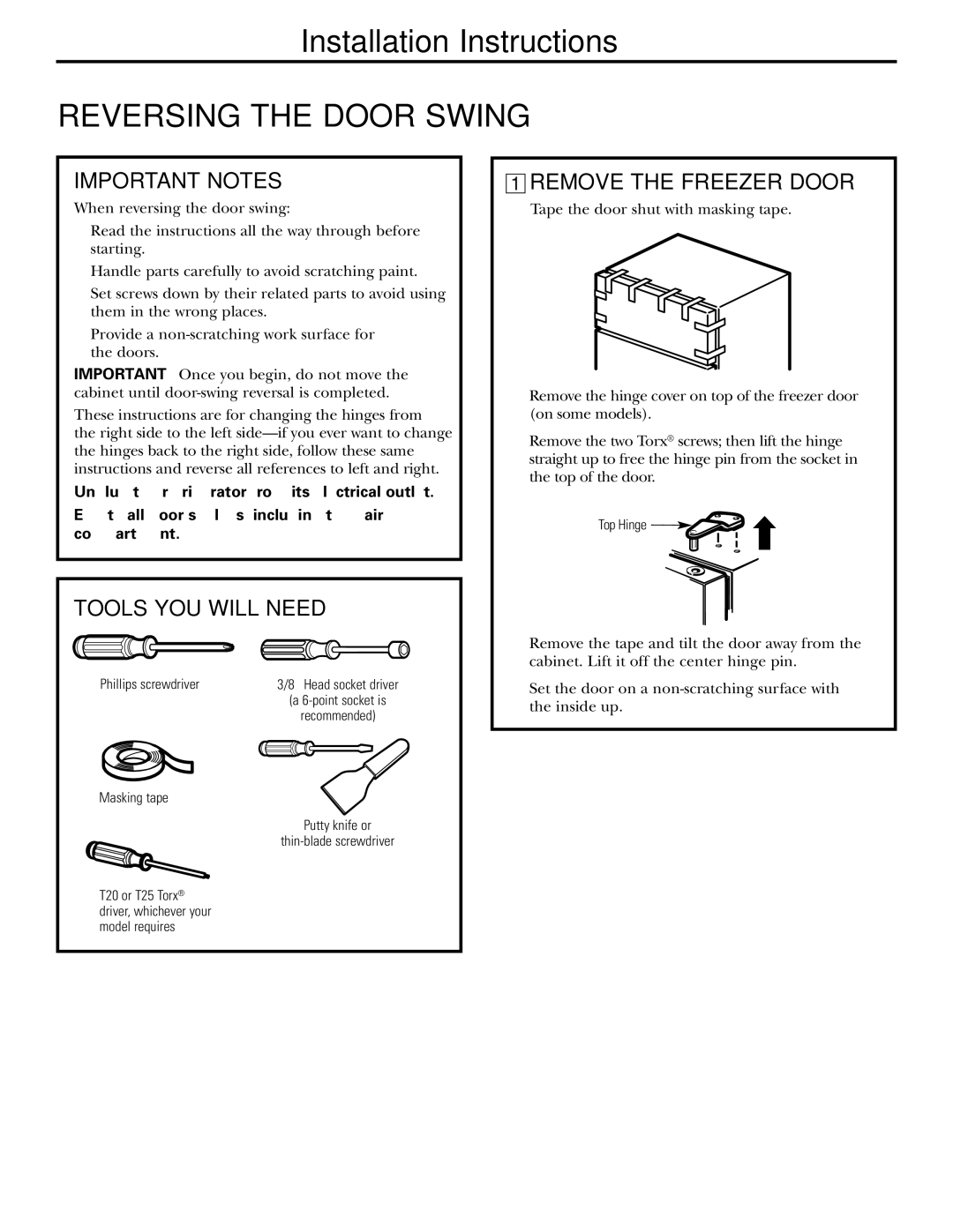 Hotpoint 19 installation instructions Important Notes, Tools YOU will Need, Remove the Freezer Door 