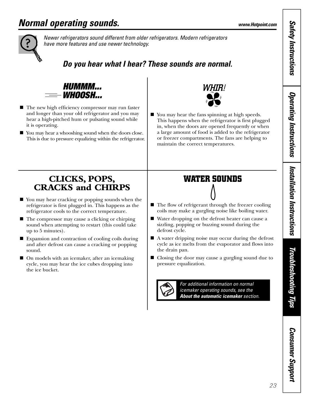 Hotpoint 19 installation instructions Normal operating sounds, Hummm Whoosh 