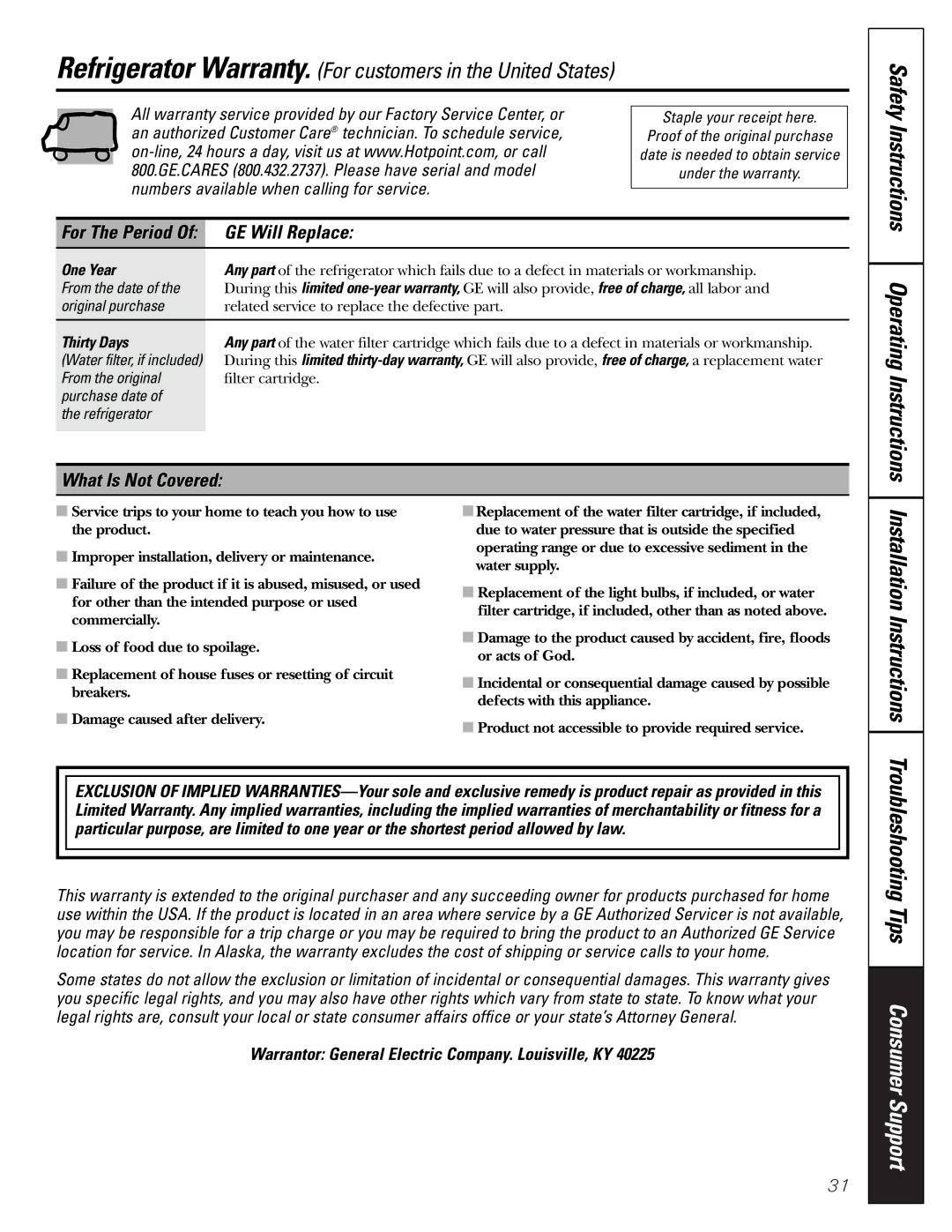 Hotpoint 19 installation instructions Installation Instructions, GE Will Replace, What Is Not Covered 