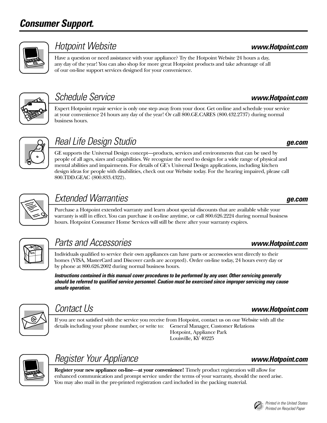 Hotpoint 19 Consumer Support Hotpoint Website, Schedule Service, Real Life Design Studio, Extended Warranties, Contact Us 