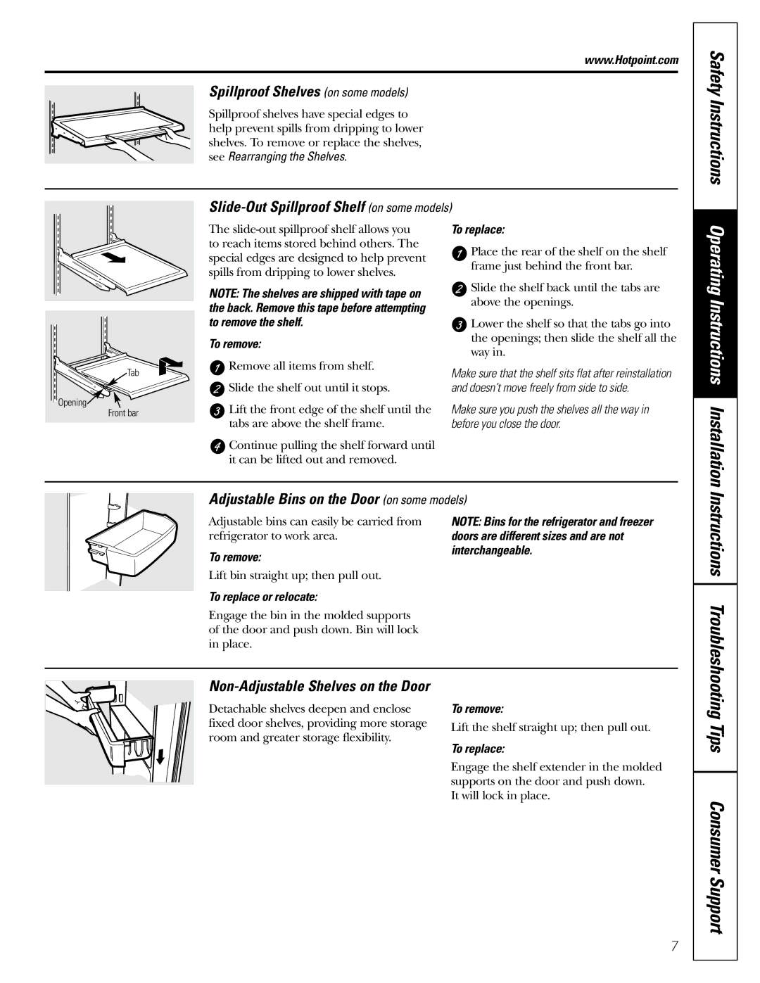 Hotpoint 19 Safety Instructions, Spillproof Shelves on some models, Slide-Out Spillproof Shelf on some models 