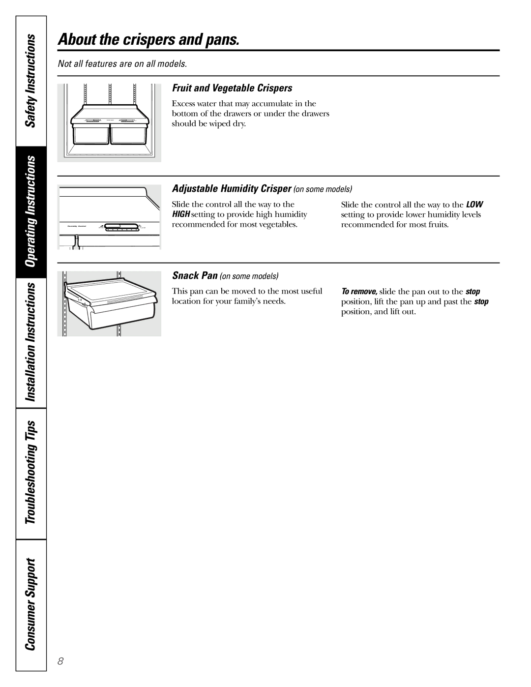 Hotpoint 19 About the crispers and pans, Fruit and Vegetable Crispers, Adjustable Humidity Crisper on some models 