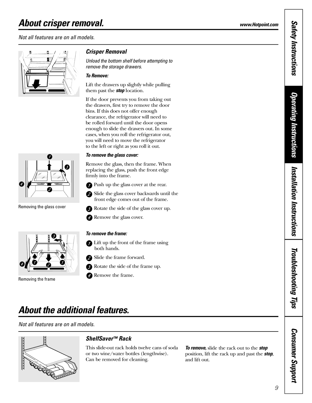 Hotpoint 19 About crisper removal, About the additional features, Crisper Removal, ShelfSaver Rack 