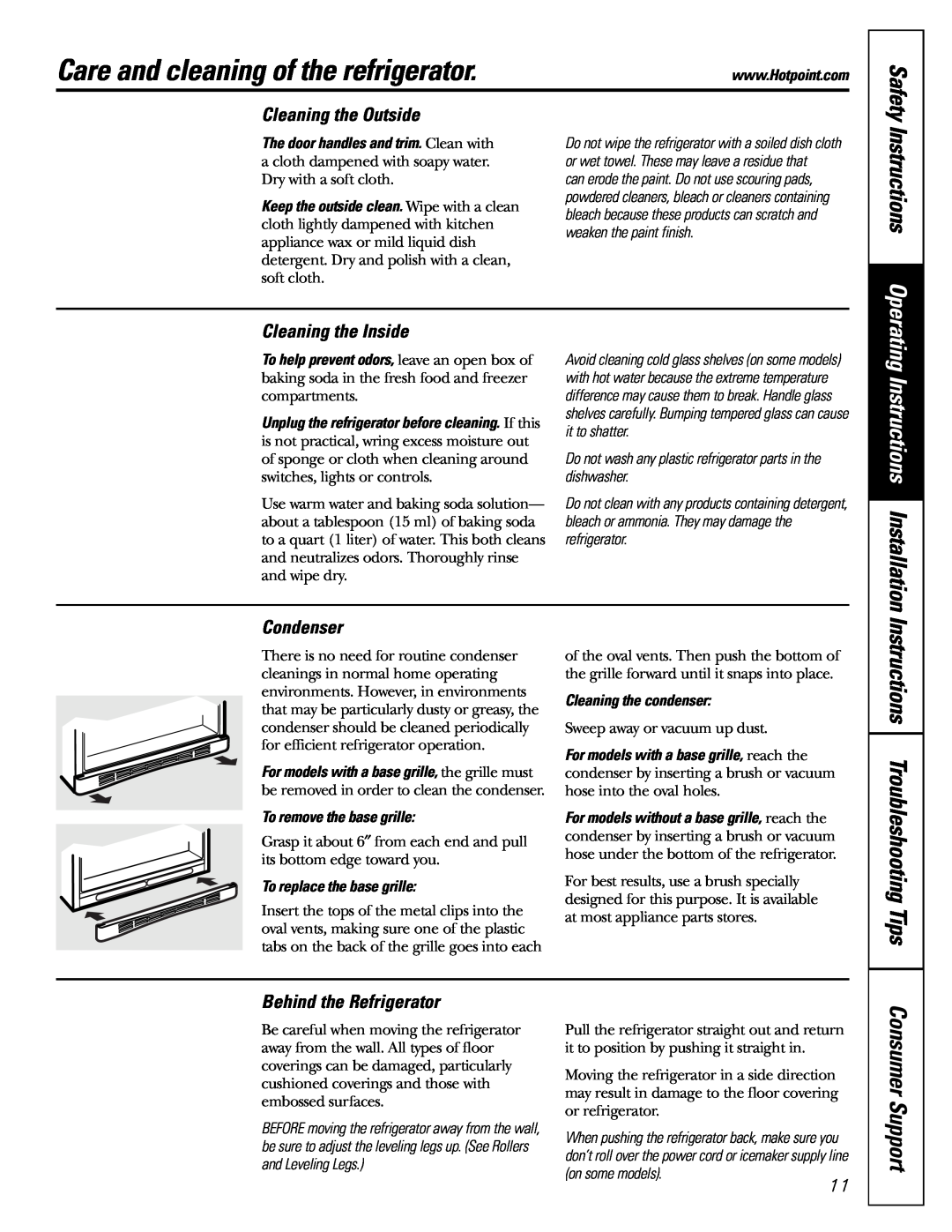 Hotpoint 19 Care and cleaning of the refrigerator, Instructions Troubleshooting Tips, Cleaning the Outside, Condenser 