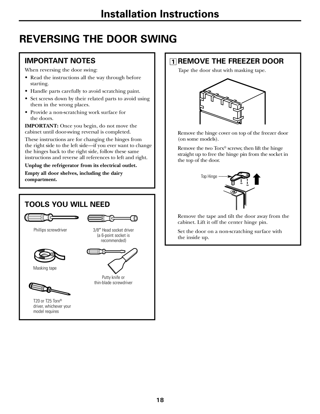 Hotpoint 19 Installation Instructions REVERSING THE DOOR SWING, Important Notes, Tools You Will Need 
