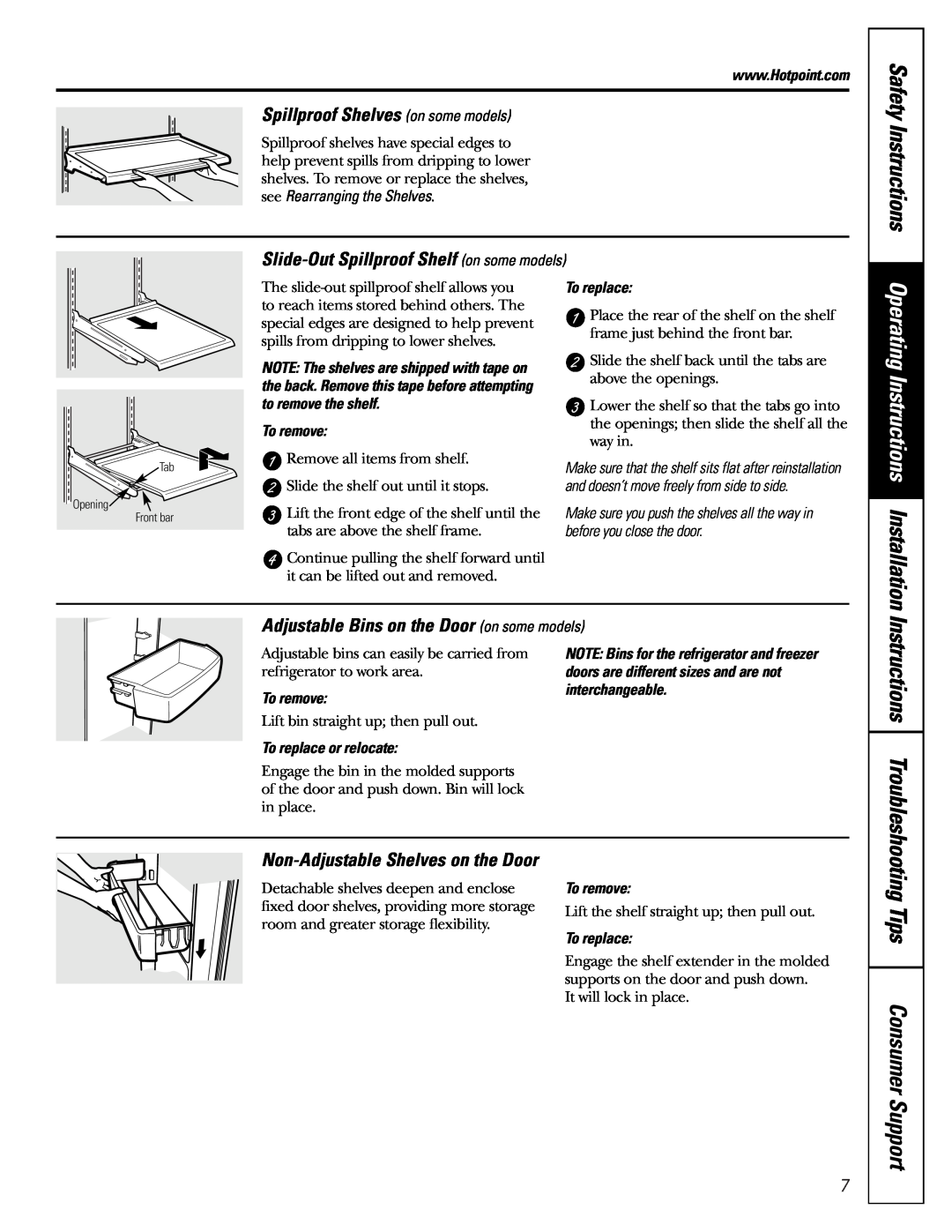 Hotpoint 19 Safety Instructions, Spillproof Shelves on some models, Slide-Out Spillproof Shelf on some models 