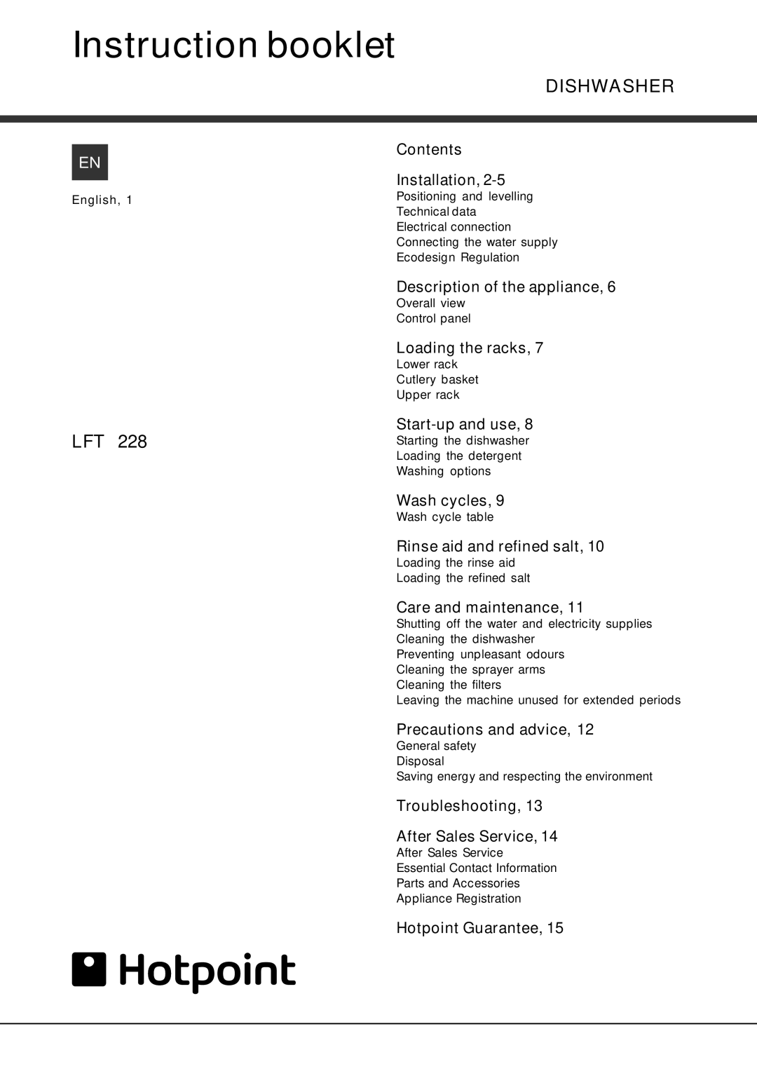 Hotpoint 228 manual Instruction booklet 