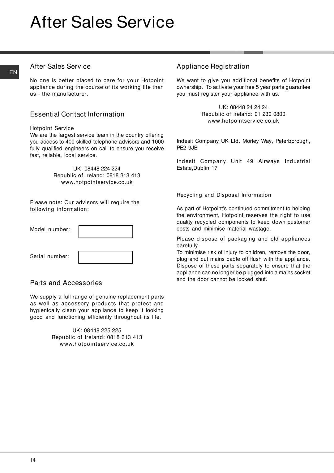 Hotpoint 228 manual After Sales Service, Essential Contact Information, Parts and Accessories, Appliance Registration 