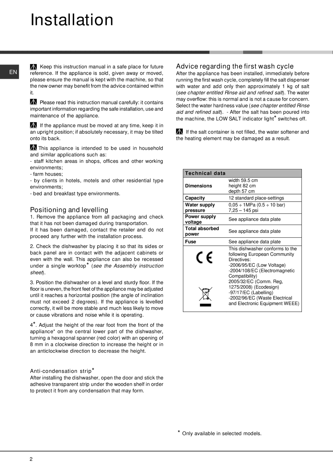 Hotpoint 228 manual Installation, Positioning and levelling, Advice regarding the first wash cycle, Anti-condensation strip 