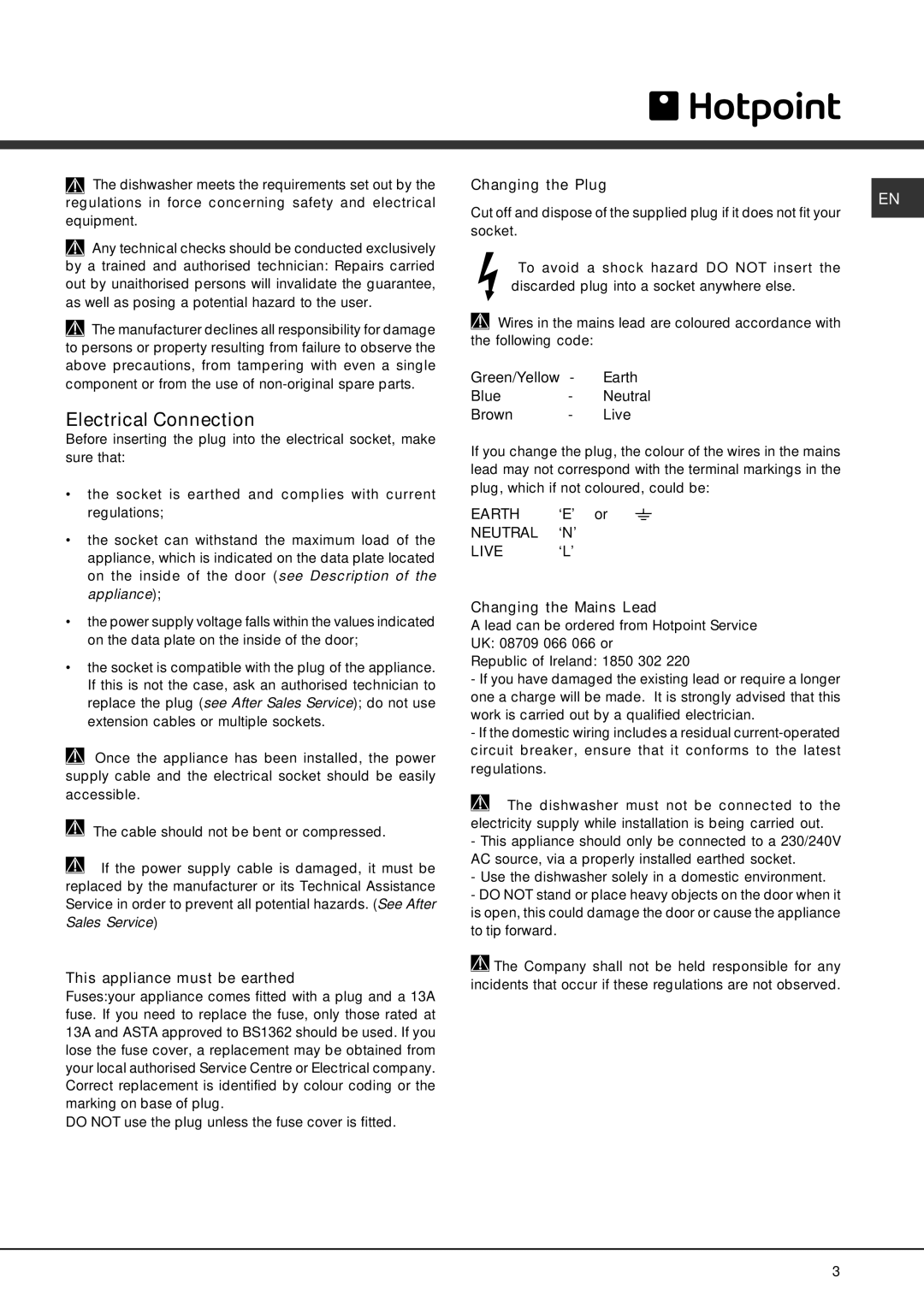 Hotpoint 228 manual Electrical Connection, Changing the Plug, This appliance must be earthed, Changing the Mains Lead 