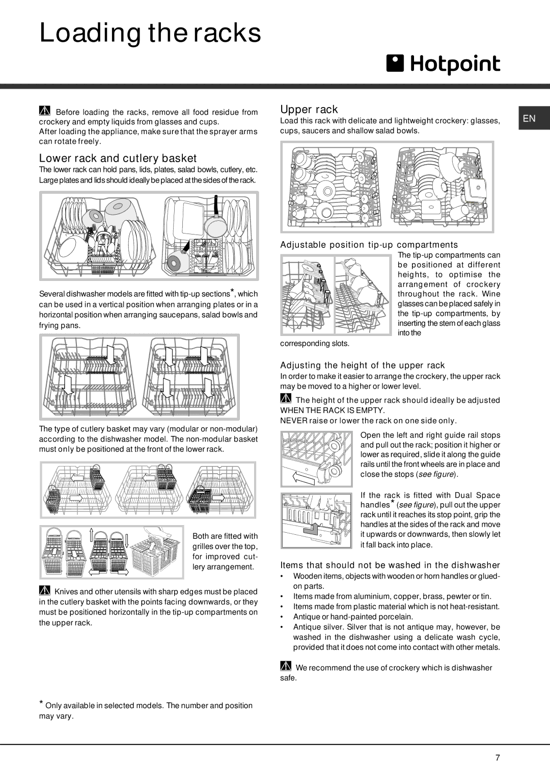 Hotpoint 228 manual Loading the racks, Lower rack and cutlery basket, Upper rack 