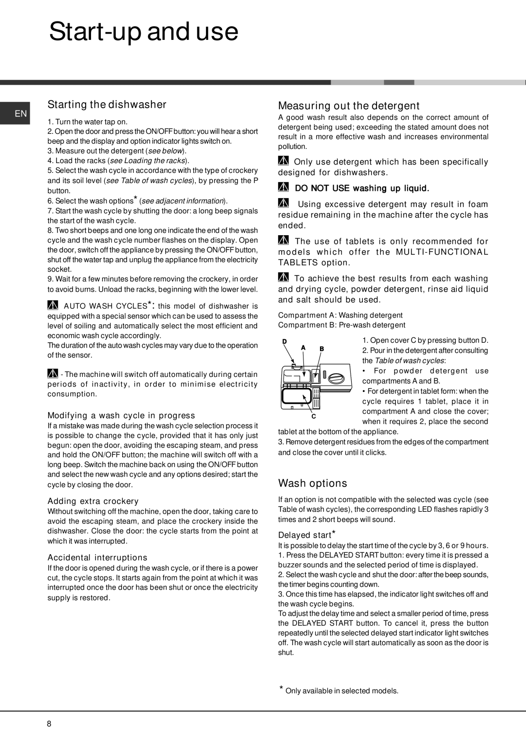 Hotpoint 228 manual Start-up and use, Starting the dishwasher, Measuring out the detergent, Wash options 