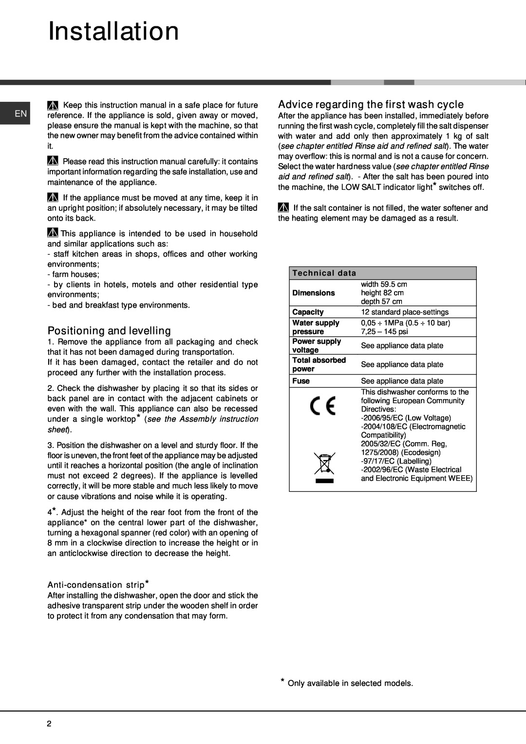 Hotpoint 228 manual Installation, Positioning and levelling, Advice regarding the first wash cycle, Anti-condensationstrip 