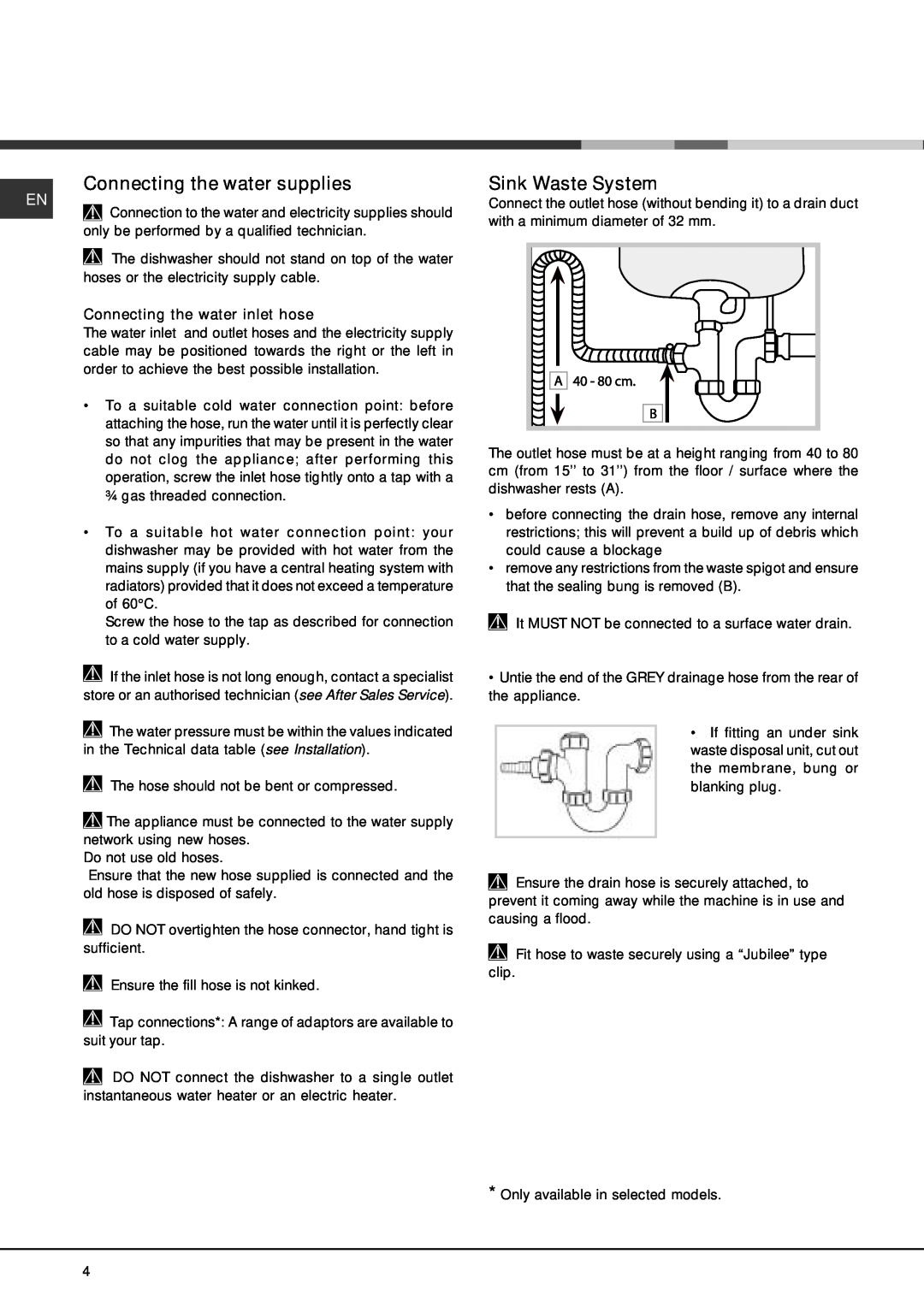 Hotpoint 228 manual Connecting the water supplies, Sink Waste System, Connecting the water inlet hose 