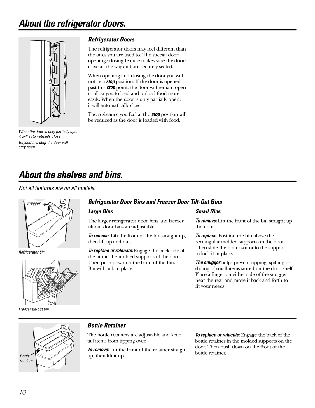 Hotpoint 23 About the refrigerator doors, About the shelves and bins, Refrigerator Doors, Bottle Retainer 