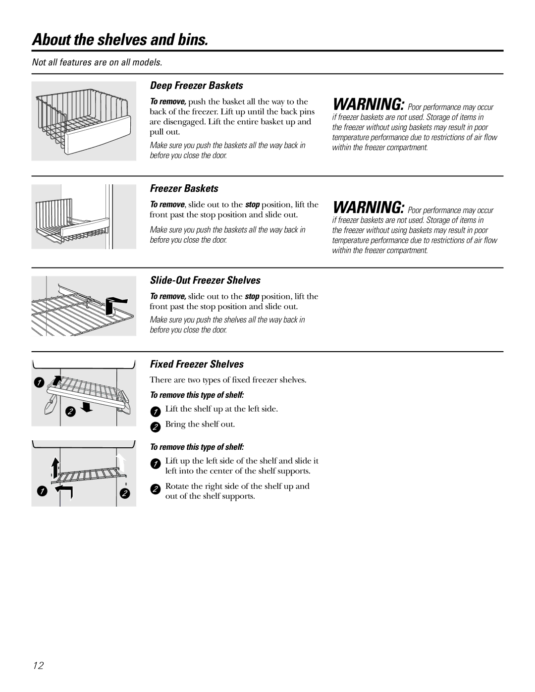 Hotpoint 23 Deep Freezer Baskets, Slide-Out Freezer Shelves, Fixed Freezer Shelves, To remove this type of shelf 