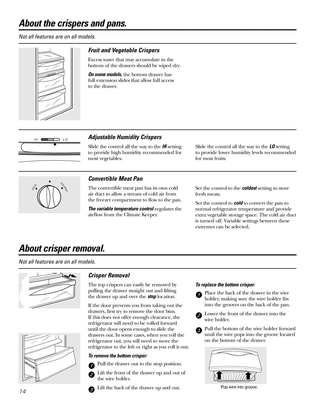 Hotpoint 23 operating instructions About the crispers and pans, About crisper removal 