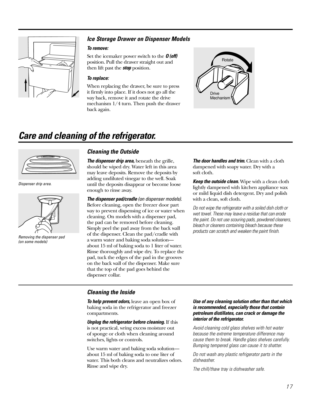 Hotpoint 23 Care and cleaning of the refrigerator, Ice Storage Drawer on Dispenser Models, Cleaning the Outside 