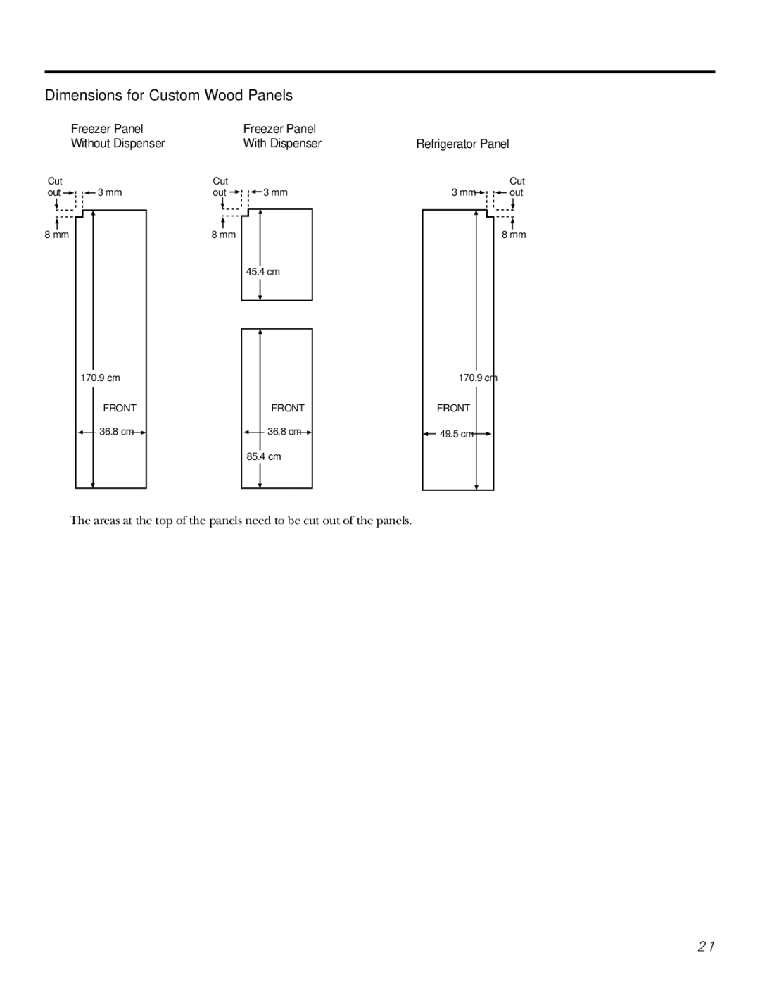 Hotpoint 23 operating instructions Dimensions for Custom Wood Panels, Freezer Panel Without Dispenser With Dispenser 