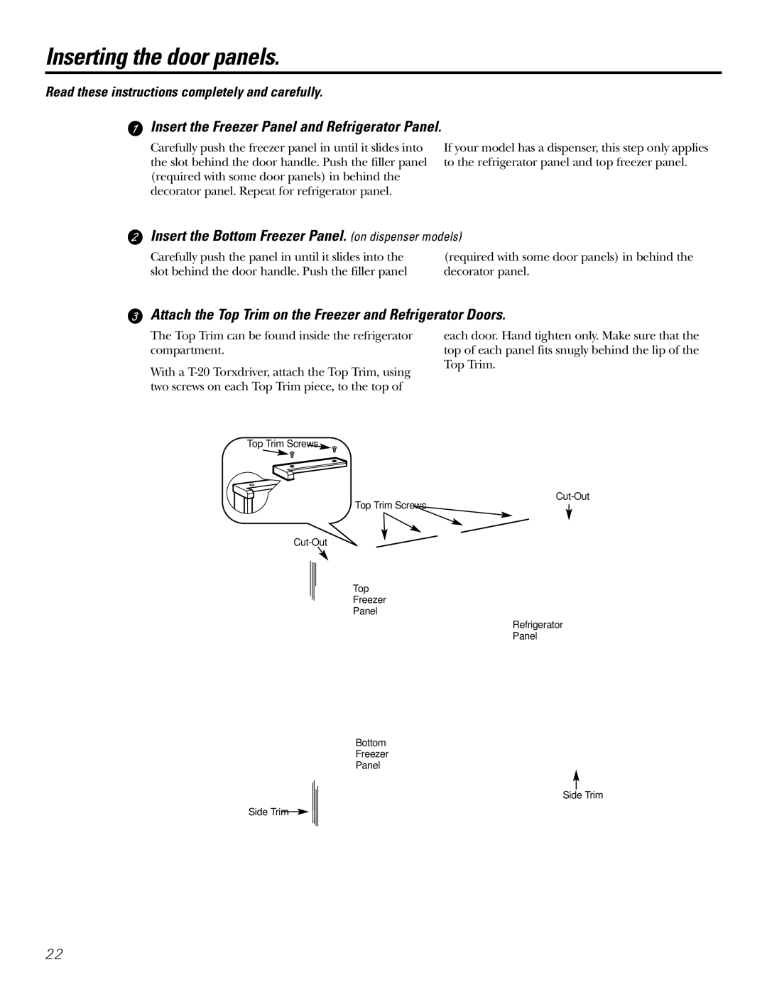 Hotpoint 23 operating instructions Inserting the door panels, Insert the Freezer Panel and Refrigerator Panel 