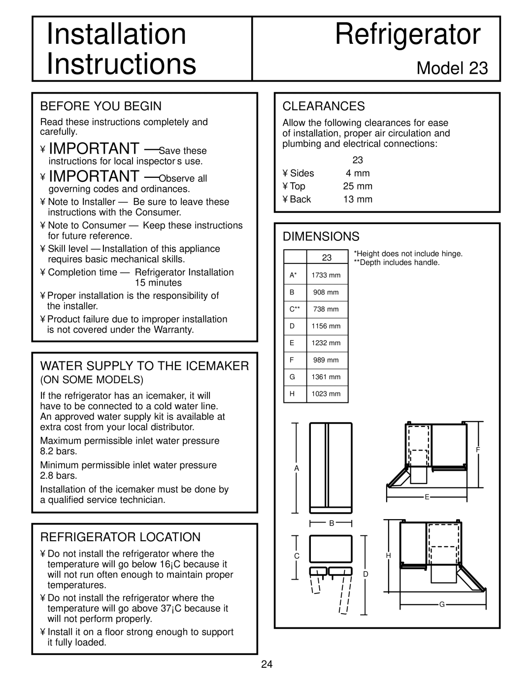 Hotpoint 23 Before YOU Begin, Clearances, Dimensions, Water Supply to the Icemaker, Refrigerator Location 