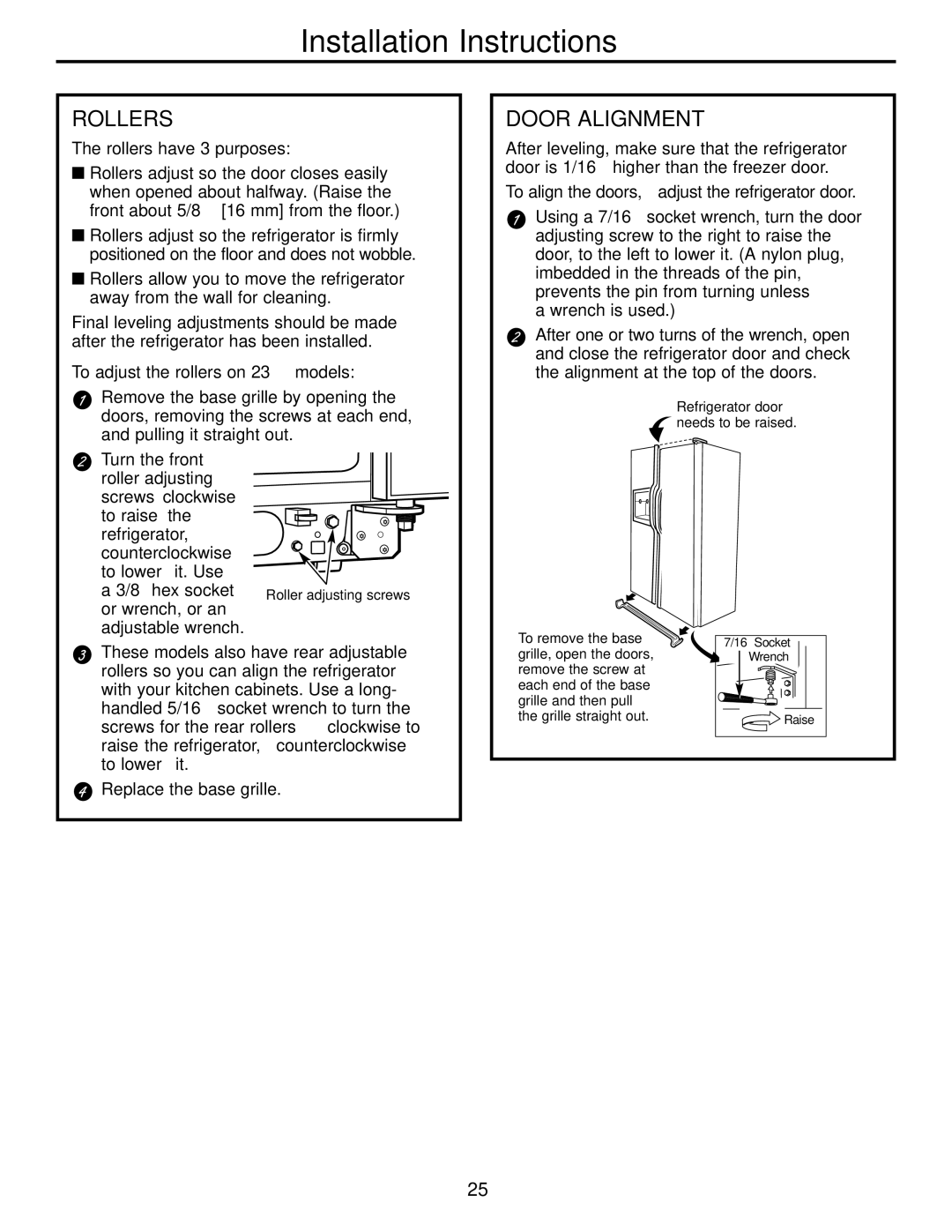 Hotpoint 23 operating instructions Rollers, Door Alignment 