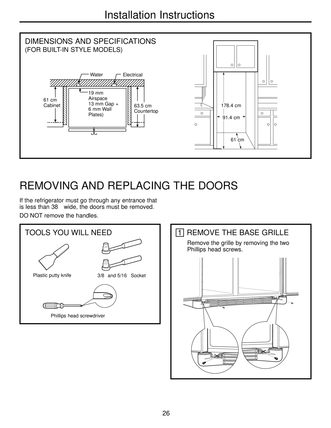 Hotpoint 23 operating instructions Dimensions and Specifications, Tools YOU will Need Remove the Base Grille 