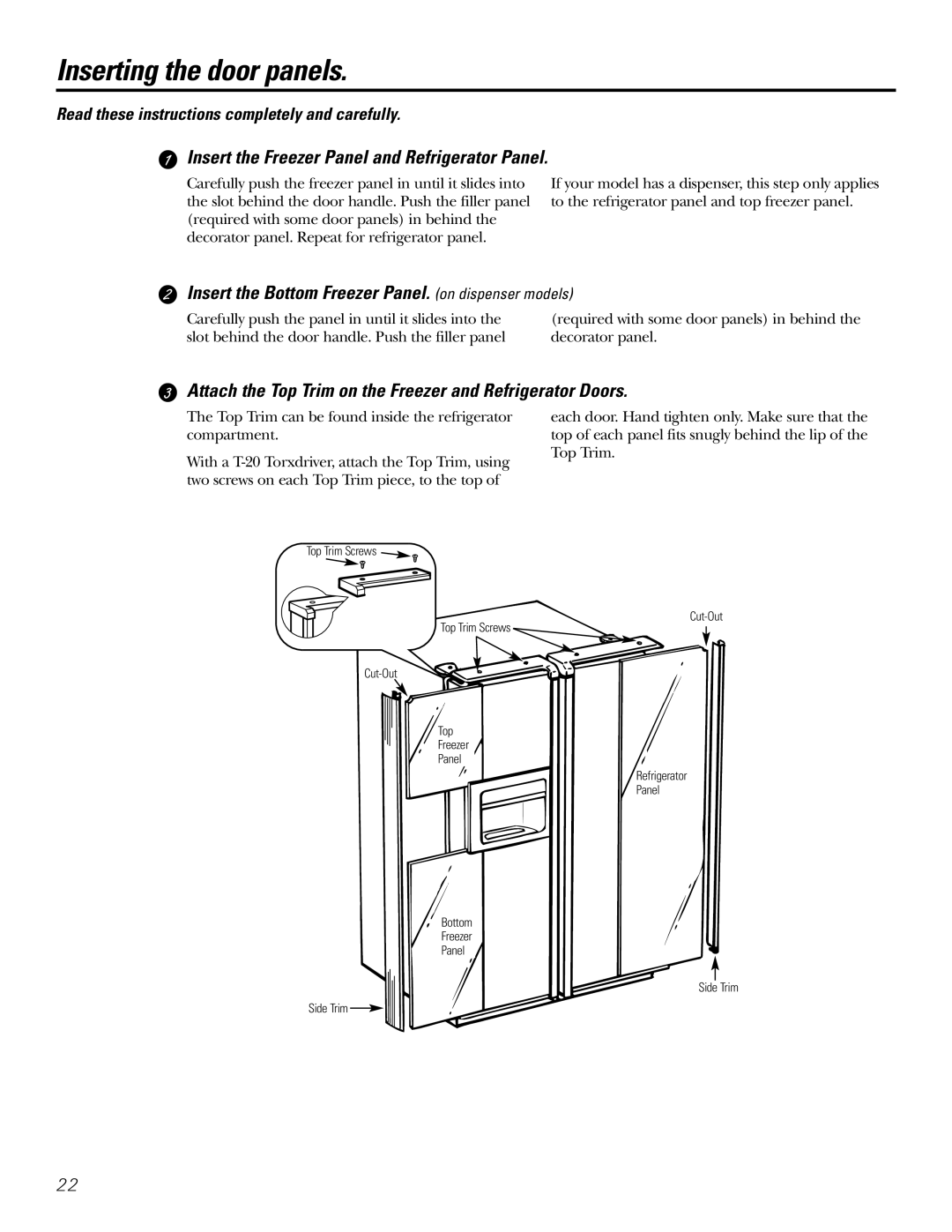 Hotpoint 23 operating instructions Inserting the door panels, Insert the Freezer Panel and Refrigerator Panel 