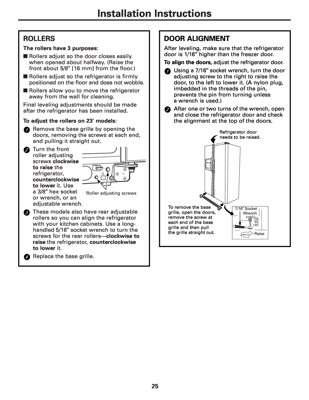 Hotpoint 23 operating instructions Installation Instructions, Rollers, Door Alignment, The rollers have 3 purposes 