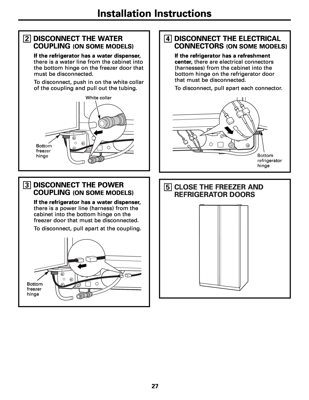 Hotpoint 23 operating instructions Close The Freezer And Refrigerator Doors, Disconnect The Water Coupling On Some Models 