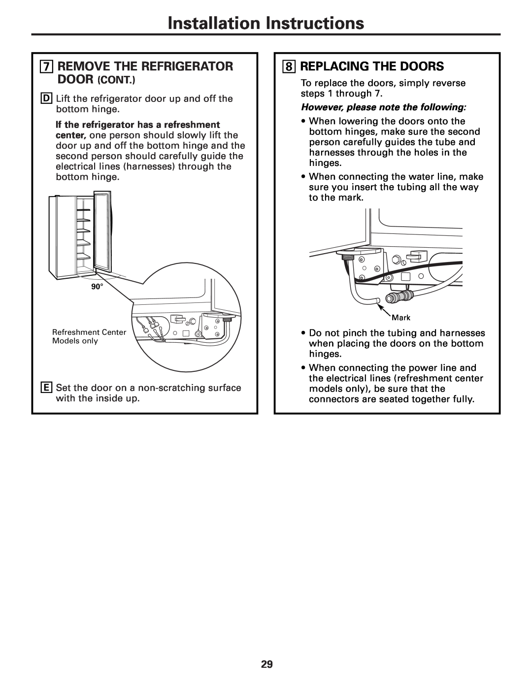 Hotpoint 23 operating instructions Replacing The Doors, Installation Instructions, Remove The Refrigerator Door Cont 