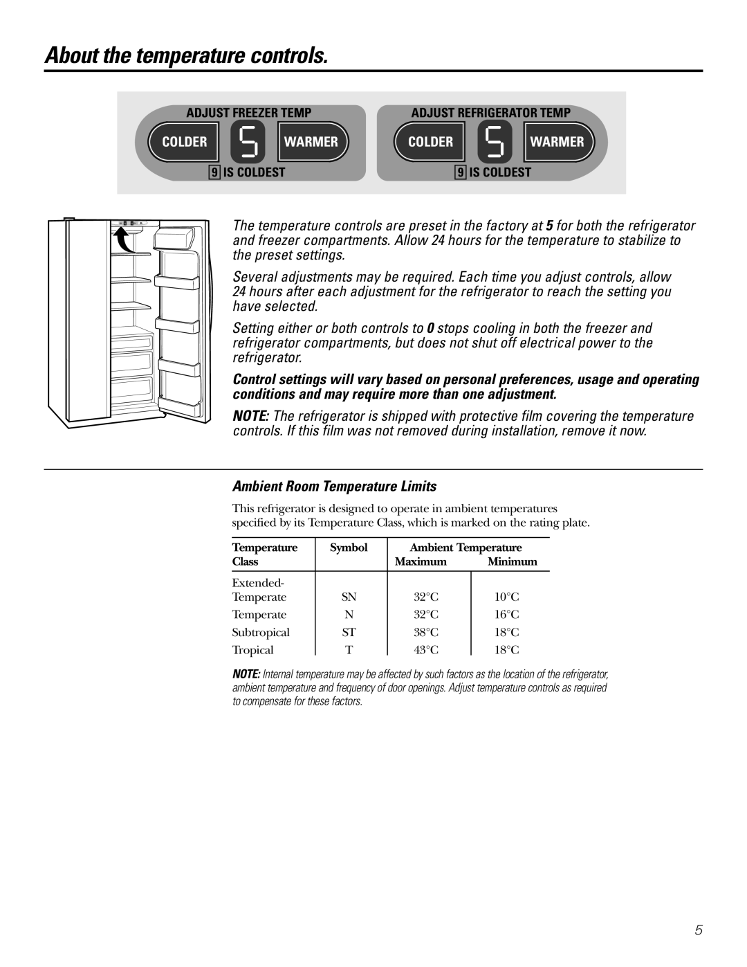Hotpoint 23 operating instructions About the temperature controls, Ambient Room Temperature Limits, Colder, Warmercolder 