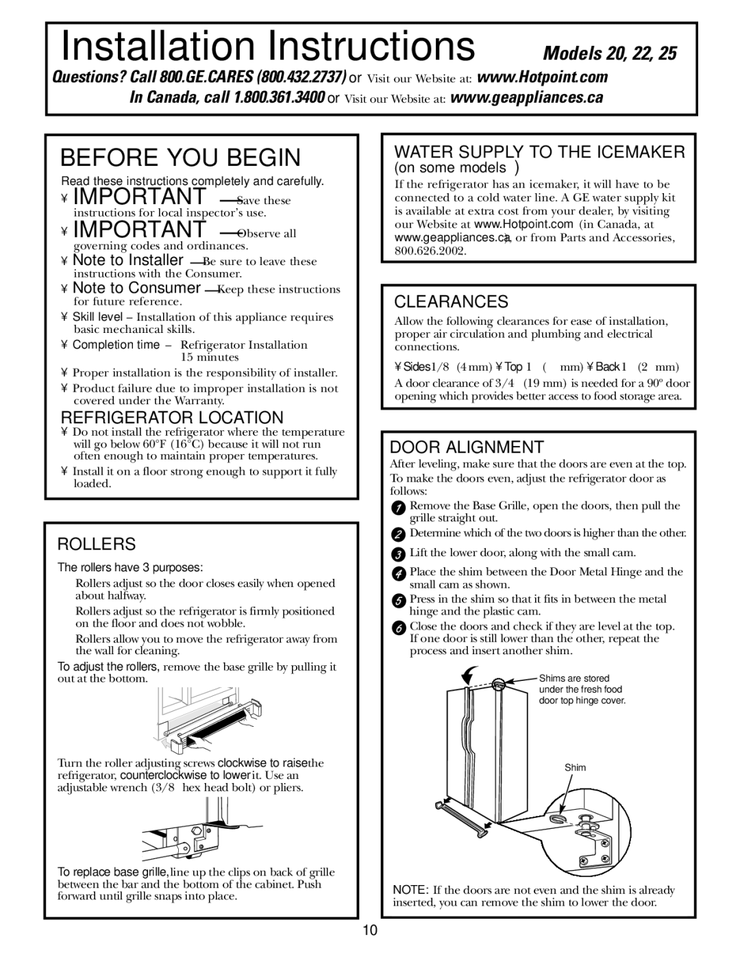 Hotpoint 20, 25, 22 manuel dutilisation Refrigerator Location, Rollers, Clearances, Door Alignment 